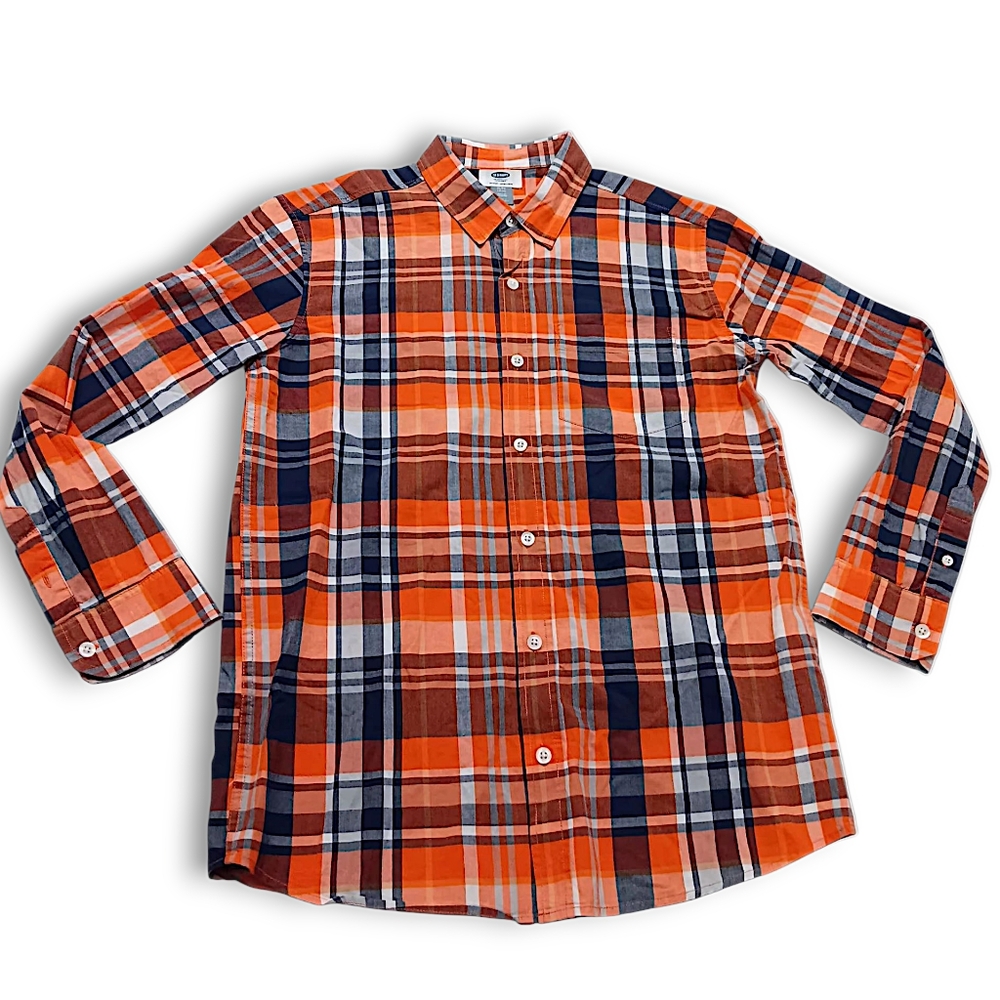 Old Navy Boys XL 14-16 Plaid Long Sleeve Shirt Orange Blue Button Up Preppy